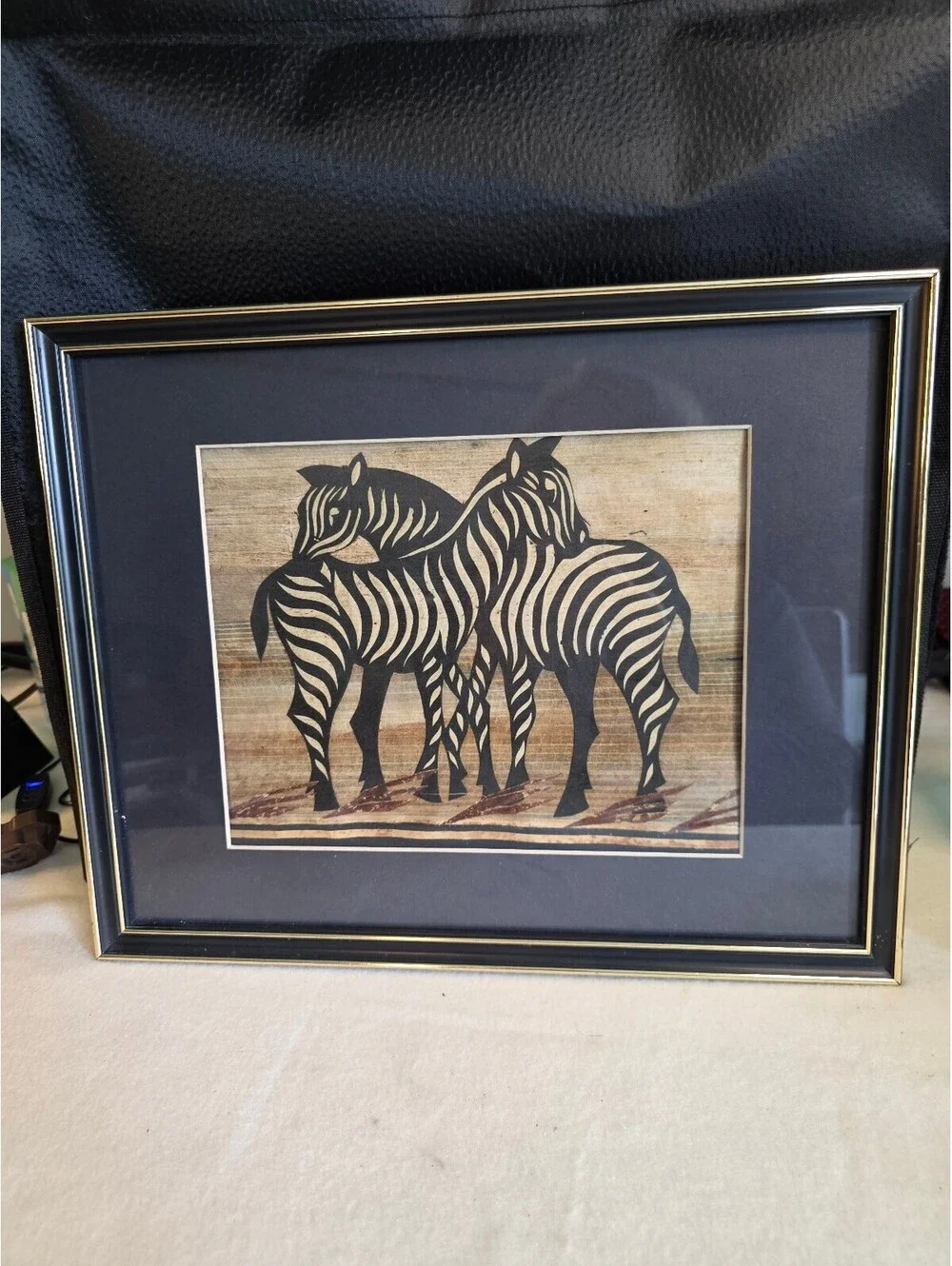 Framed African Zebra Family Textile Art Three Zebras Black Gold Wall Decor